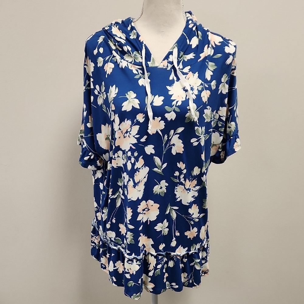 Floral Print Blue Hoodie Sweatshirt